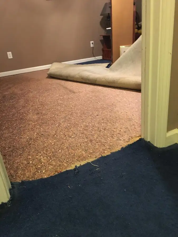 Carpet pad removal revealing water damage during Drying & Dehumidification in Marilla